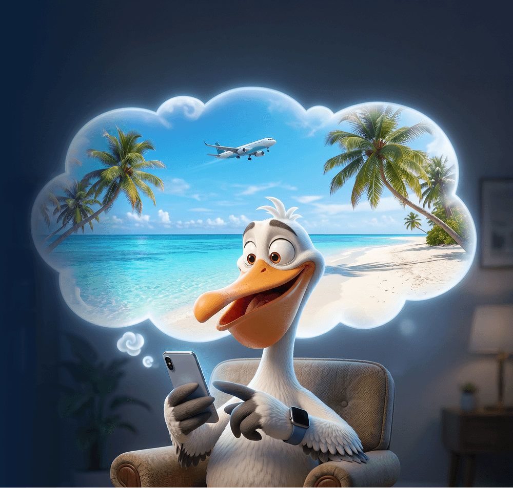 Maskot PeliGo pelikán s telefónom sníva o tropickej pláži